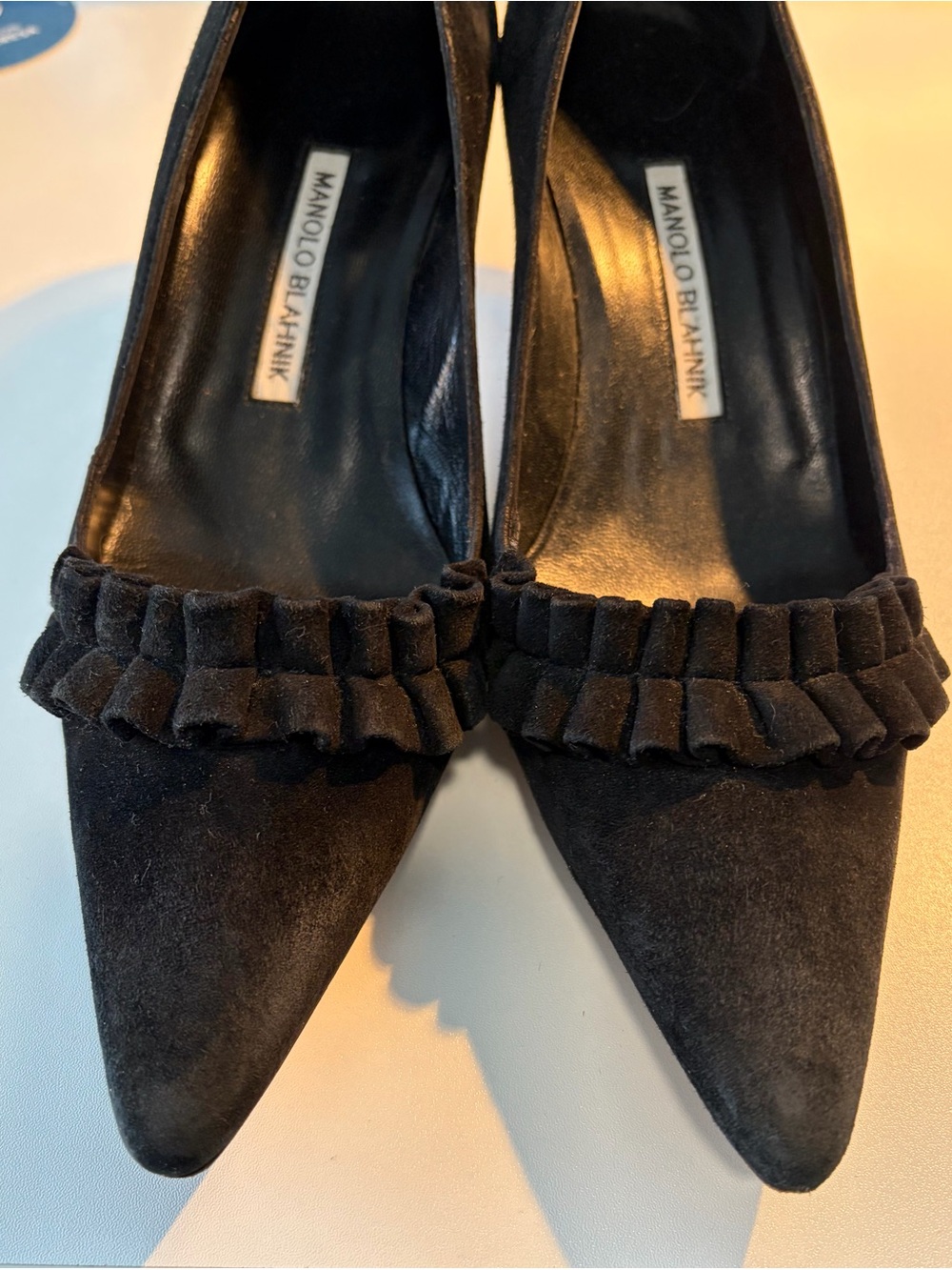 Manolo Blahnik Black Suede Pointed Toe Pumps with Ruffle Trim